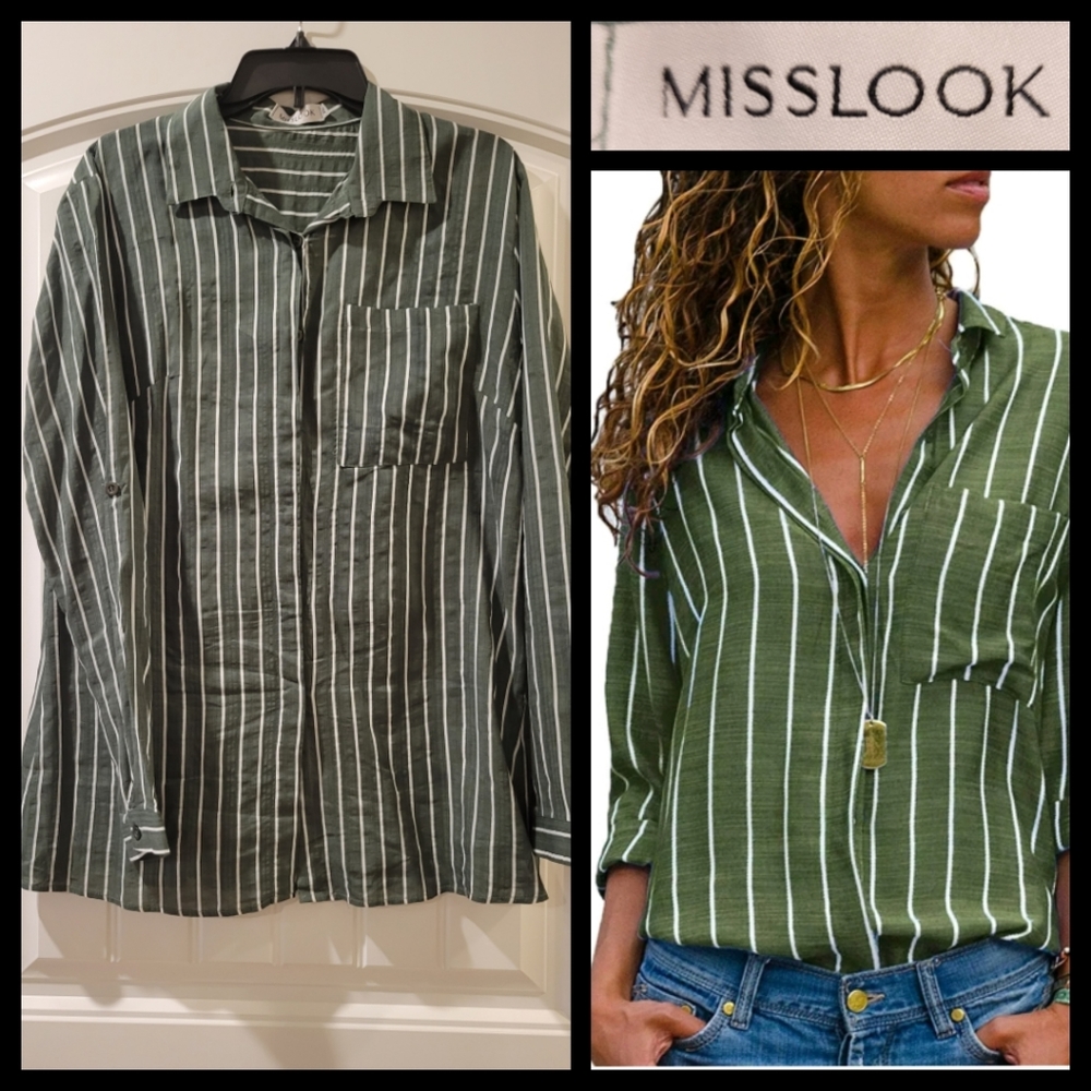 🆕️green & white pin-stripe roll tab tunic top